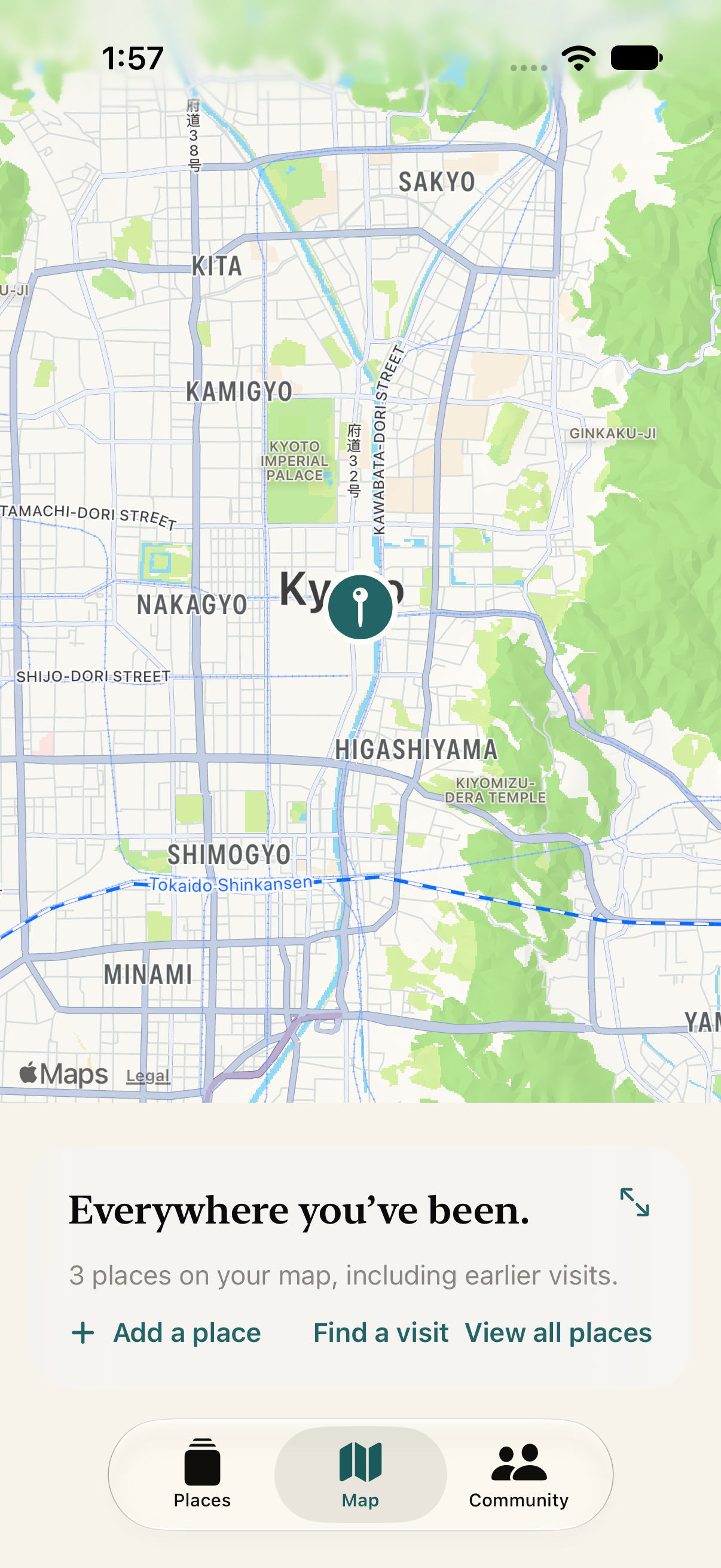 Velira Travel’s interactive map, showing a sample visit in Kyoto